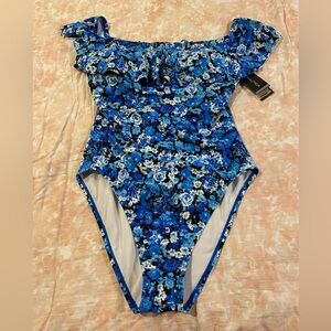 Nautical slimming off shoulder swimsuit. Size large